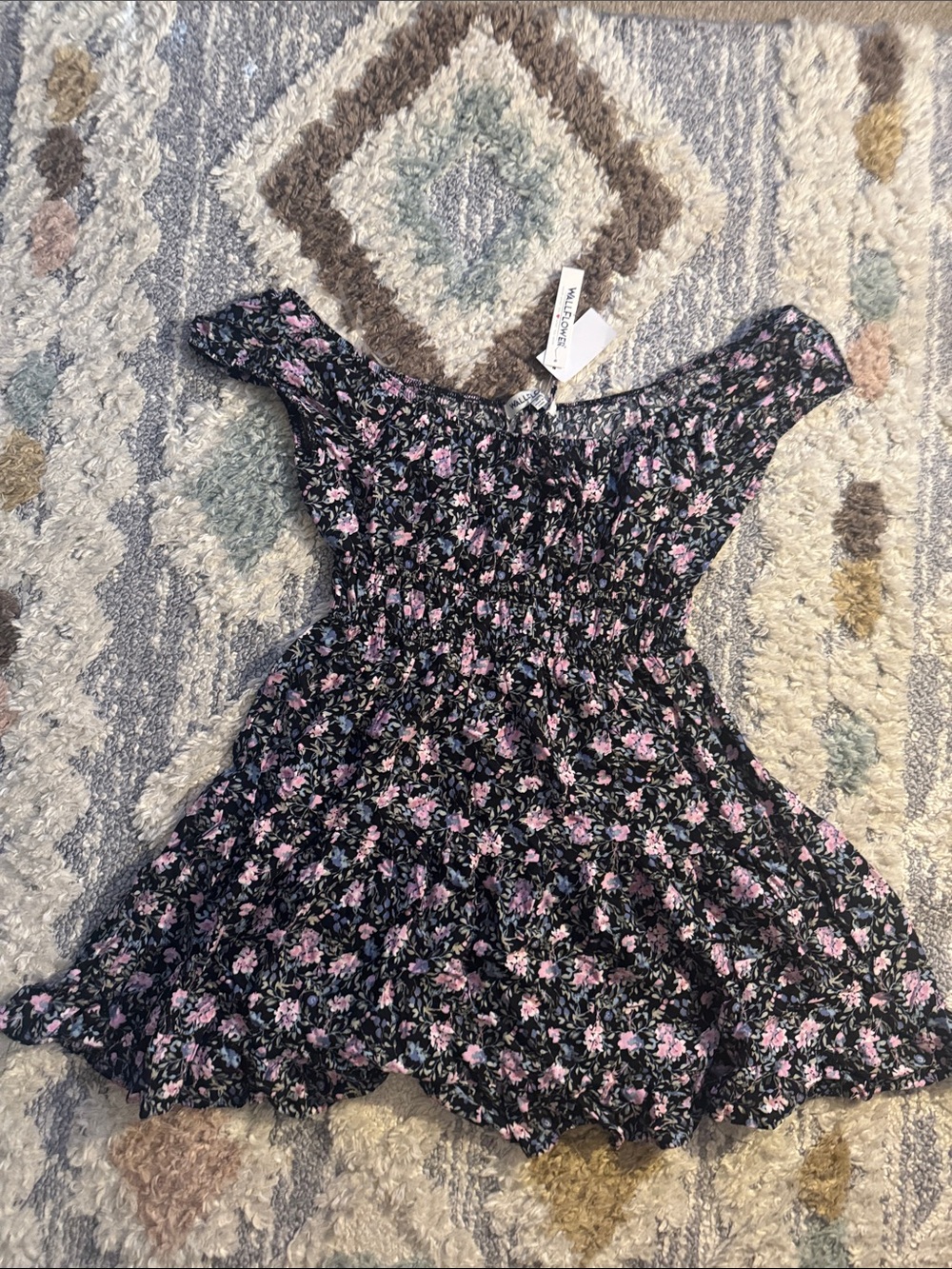 Wallflower Smocked Floral Off-Shoulder 
Dress - Black with Pink Flowers